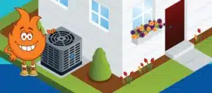 Cartoon Character Points To An Outdoor Air Conditioning Unit Next To A House With Flowers In The Window Box And A Red Door.