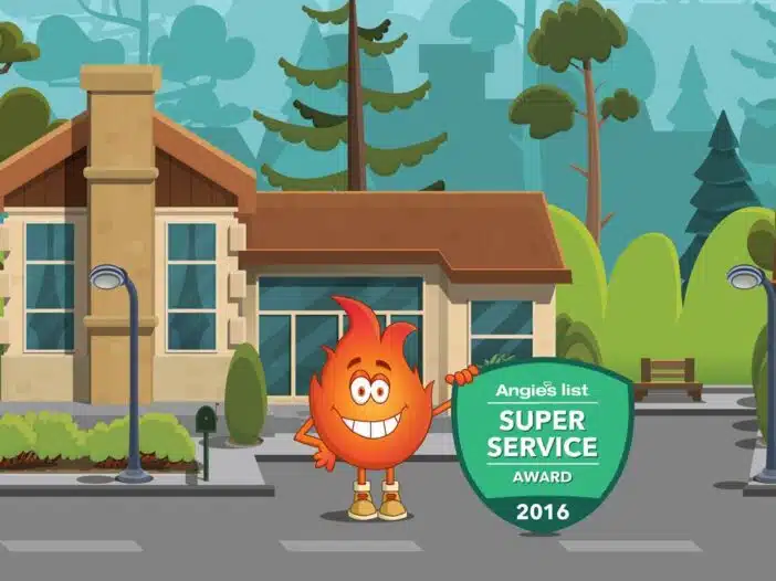 Cartoon Flame Character Holding An Angie&Apos;S List Super Service Award 2016 Shield Stands In Front Of A Modern Building With Trees And Streetlights.