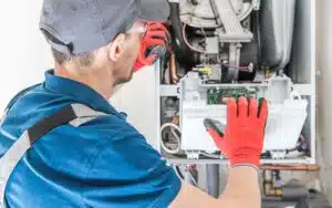 A Technician Wearing Red Gloves And A Cap Inspects And Repairs The Internal Components Of A Furnace Or Hvac Unit.