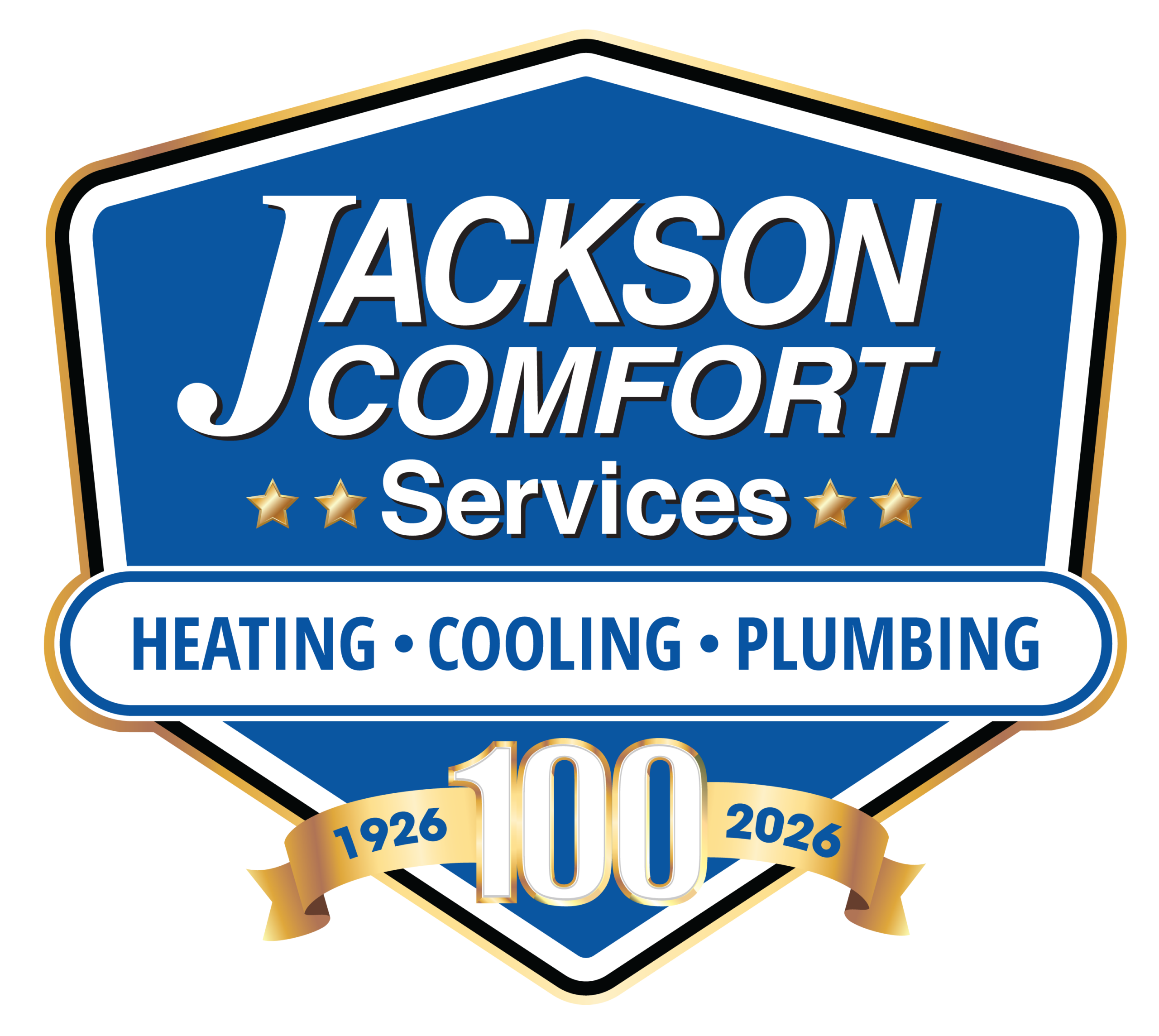 Blue Jackson Comfort Services badge logo with "Heating • Cooling • Plumbing" and a gold ribbon below displaying "100" and the years "1926" and "2026.