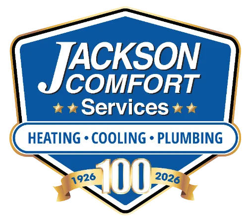 Jackson Comfort Services logo with text "Heating, Cooling, Plumbing" and "1926-2026, 100" celebrating 100 years of service.