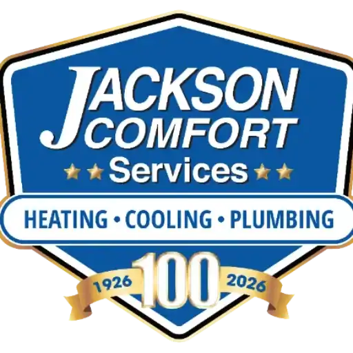 Jackson Comfort Services logo with "Heating • Cooling • Plumbing," a "100" anniversary banner, and years "1926 - 2026.