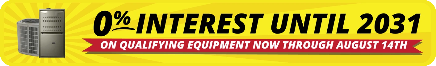 Yellow Banner With Hvac Units On Left. Text: &Quot;0% Interest Until 2031 On Qualifying Equipment Now Through August 14Th&Quot; On A Red Ribbon.