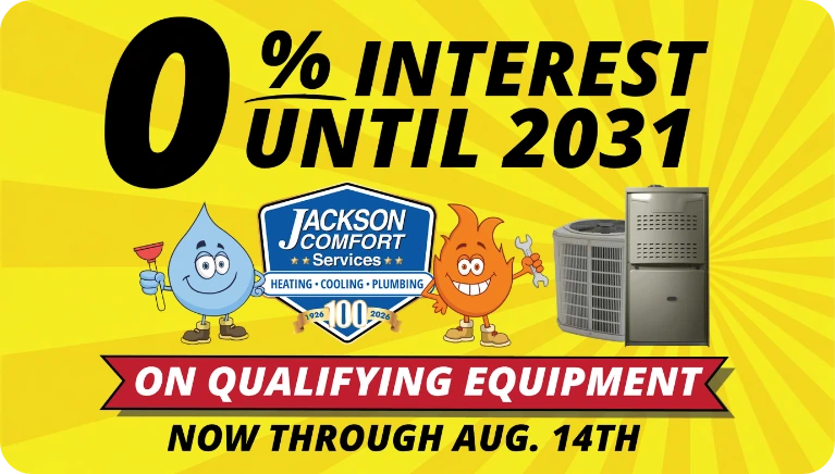 0% Interest Until 2031 On Qualifying Equipment At Jackson Comfort Services; Offer Valid Through August 14. Two Mascots And Hvac Equipment Are Pictured.